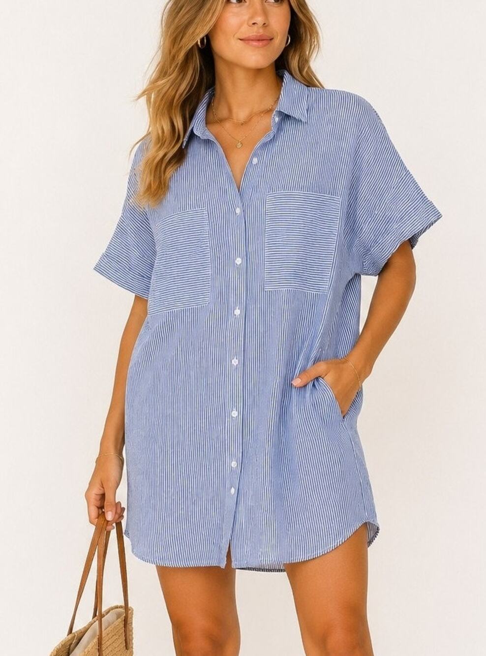 DL1961 Striped Linen Shirt Dress Size Small Blue White Coastal Resort Minimal